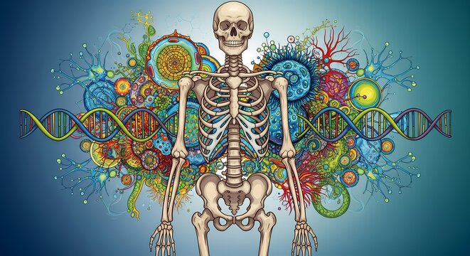 Intricate human skeleton, DNA, and cellular biology art for science and medical concepts