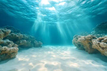 Serene Underwater Scene with Sunlight Beaming Through Clear Ocean Water and Coral Reefs