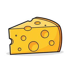 Cartoon illustration of a yellow cheese wedge with characteristic holes, featuring a classic, hand-drawn vector style, perfect for food graphics, icons, and menus.