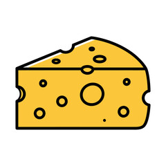 A vibrant cartoon illustration of a triangular cheese slice with characteristic holes, often associated with swiss cheese, presented in a clean, isolated style for culinary or dairy projects.