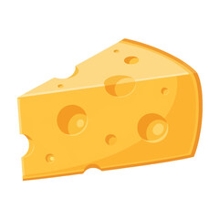 Cartoon vector illustration of a triangular wedge of classic yellow swiss cheese with characteristic holes, perfect for dairy product designs, food menus, or snack imagery.