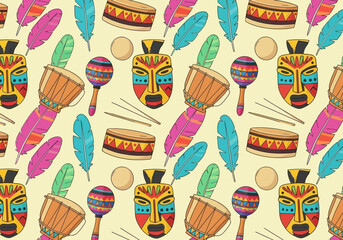 Colorful African Musical Instruments and Masks Pattern Design.