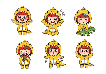 Obraz premium A character sheet of a cute, kawaii-style child in a yellow hooded dinosaur costume, shown in a variety of expressive and emotional poses.