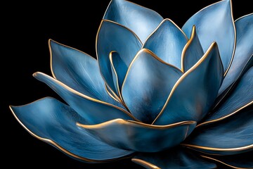 Elegant Blue Lotus Flower with Gold Accents on a Black Background for Decorative Use