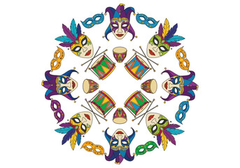 Colorful Mardi Gras masks and drums arranged in circular pattern.