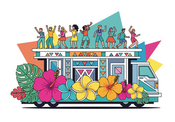 Colorful illustration of a party bus with dancing people and flowers.