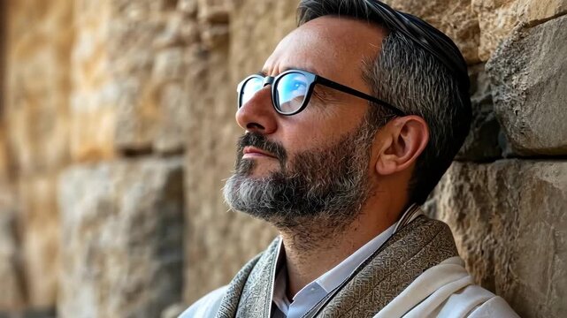 Contemplative man with glasses leans against a stone wall, looking upwards.