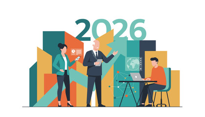 Business team planning 2026 financial strategy with data visualization and digital technology