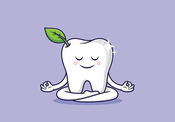 A cute cartoon white tooth character with a green leaf meditating in a lotus pose, symbolizing dental health and mindfulness.