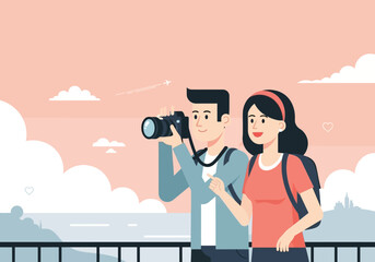 Couple enjoying travel photography capturing scenic views with camera.