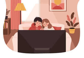 Couple enjoying movie night together on the couch at home.