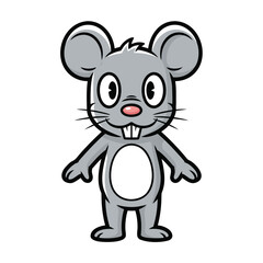 Obraz premium Cute grey cartoon mouse illustration standing upright with big ears, large eyes, and prominent front teeth, smiling cheerfully.