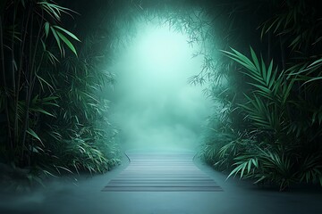 Tranquil Bamboo Forest Path with Misty Background and Mysterious Green Light