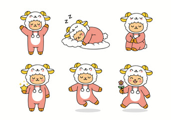 A character sheet of a cute, kawaii-style child in a pink sheep or lamb onesie, shown in a variety of poses, including sleeping and holding a flower.