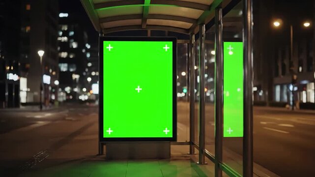 Urban Night Ambience with bus stop advertising billboard green screen at distortion, overlay, glitch, static noise, scan lines on black background, 4k animated video loop