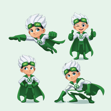 A cartoon superhero boy with white hair and green costume in four different action poses.