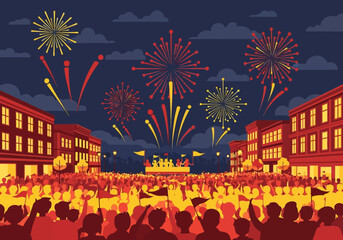 Crowd of people celebrating a festival with fireworks.