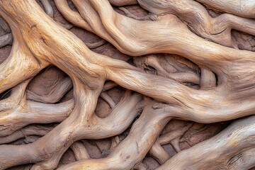 Natural Patterns in Twisted Brown Tree Roots Against Earthy Background Textures