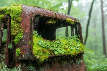 Abandoned Truck Covered in Moss and Ferns Surrounded by Lush Green Forest