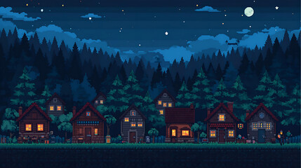 Pixel art village at night with illuminated windows and starry sky wallpaper 4k, generative ai