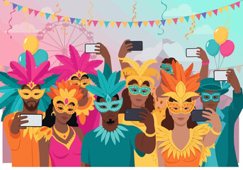 Naklejka premium Diverse group of people celebrating carnival in vibrant masks and costumes taking photos with smartphones.