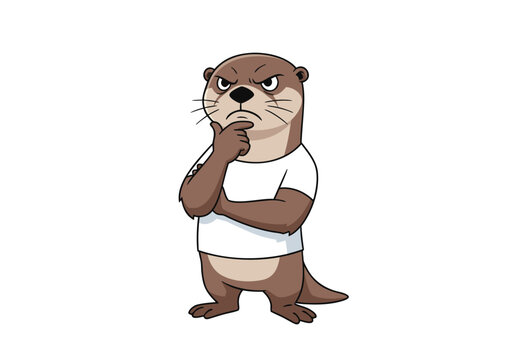 A cartoon illustration of a brown otter wearing a white t-shirt, looking thoughtful or grumpy with its hand on its chin.