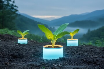 Innovative glowing plant pots in a serene landscape at dawn with mountains and mist