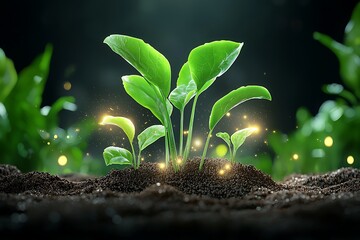 Fresh Green Seedlings Growing in Dark Soil with Sparkling Light Effects in a Garden Setting
