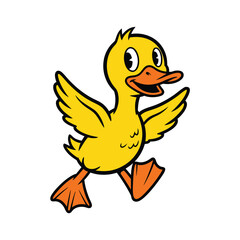A cheerful yellow cartoon duck running with wings spread, featuring a classic animated style.