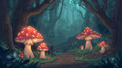 Pixel art of a magical forest with glowing mushrooms and a path wallpaper 4k, generative ai