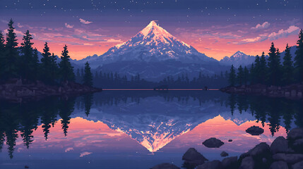 Pixel art mountain landscape reflecting in lake at sunset wallpaper 4k, generative ai
