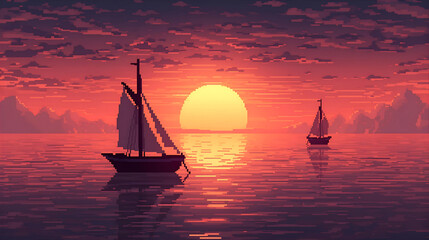 Sailboats on the sea at sunset in pixel art style wallpaper 4k, generative ai