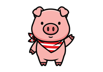  A simple, cute, and stylized cartoon illustration of a happy, pink pig, wearing a patriotic, red and white striped bandana and giving a friendly wave.
