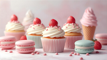 Delicious cupcakes and macarons with strawberry on a pink background wallpaper 4k, generative ai