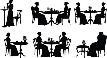Women silhouette scenes at tables with tea, flowers, conversation and quiet moments for lifestyle, leisure and relationship vector design