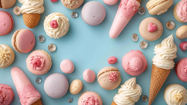 Assortment of macarons, cupcakes and ice cream on blue background wallpaper 4k, Generative AI