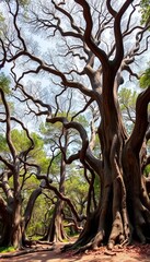 Ancient trees with twisted limbs reach skyward, a timeless, untouched wilderness,  quiet,  wild