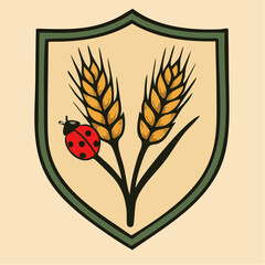 wheat and ladybug shield emblem organic harvest stewardship agrarian crest eco-friendly packaging seal