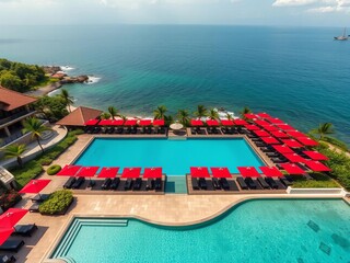 Aerial view of luxury beach club, pool, red umbrellas, Bali coast,  ocean, beach club