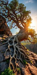 Ancient tree with sprawling roots on a rocky outcrop, reaching towards the sun,  majestic,  green