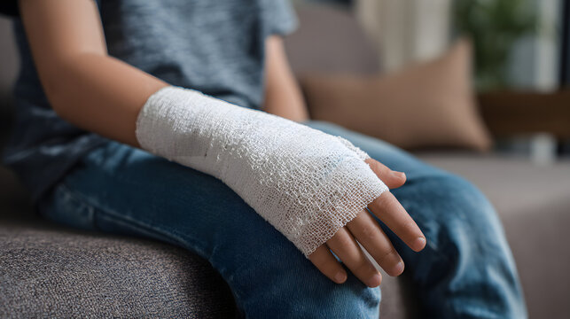 A child's arm with a white bandage due to an injury. Background illustration of a minor injury.