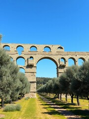 Ancient Roman aqueduct arches against a clear blue sky, surrounded by olive groves,  blue sky,  olive groves