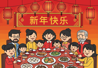 Happy Chinese New Year Family Gathering Festive Meal Celebration.