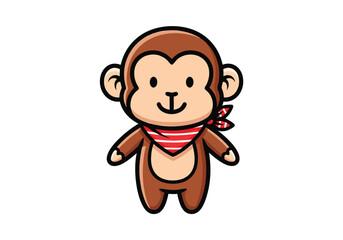 A simple, cute, and stylized cartoon illustration of a happy, brown baby monkey wearing a red and white checkered bandana.