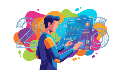 Man analyzes future cryptocurrency trends and market data for 2026 planning on a virtual screen
