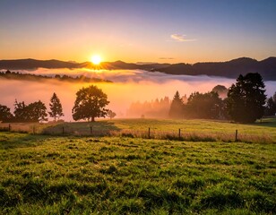 Obraz premium Sunrise over a misty valley (1)