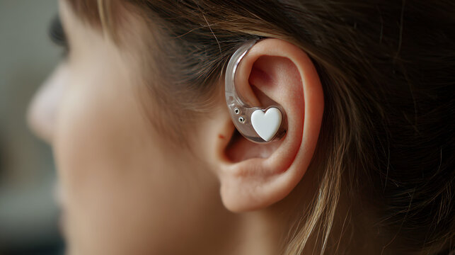 Close-up of an ear with a professional hearing aid. Background illustration of a deaf person.
