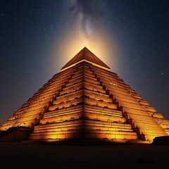 Ancient pyramid illuminated under starry night sky, casting an ethereal glow, night,  ancient