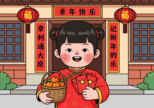Joyful Chinese girl celebrating Lunar New Year holding basket and red envelopes.