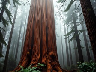 Ancient redwood tree in misty forest, its massive trunk disappearing into the fog, evoking a sense of mystery, tree,  mystery